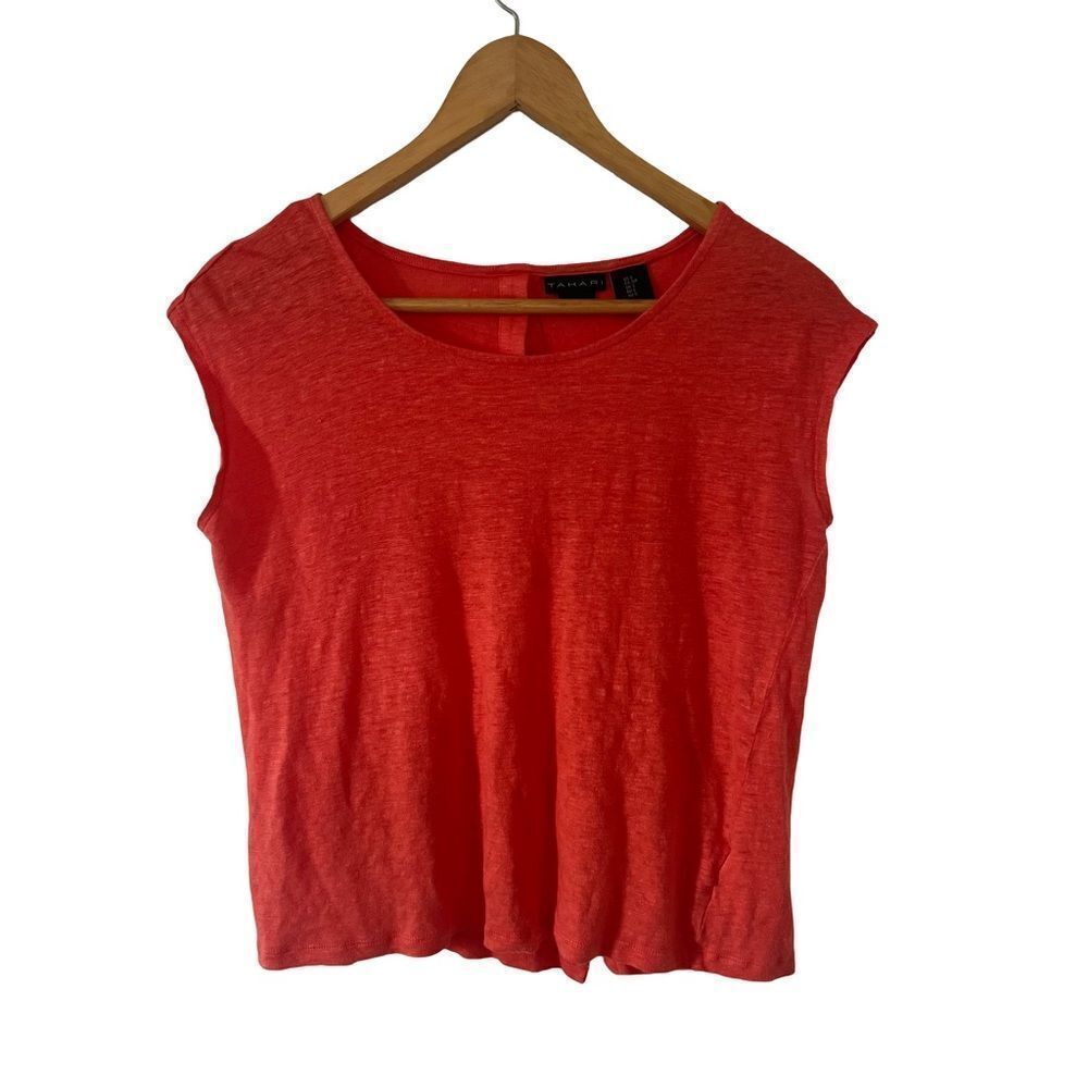 Tahari Orange 100% Linen Cap Sleeve Button Back T-shirt